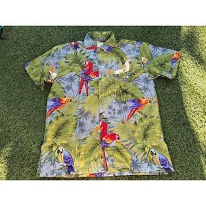 Rima Hawaiian Mens Shirt S Macaw Parrots Jungle Floral Green Floral Silky‎ Feel